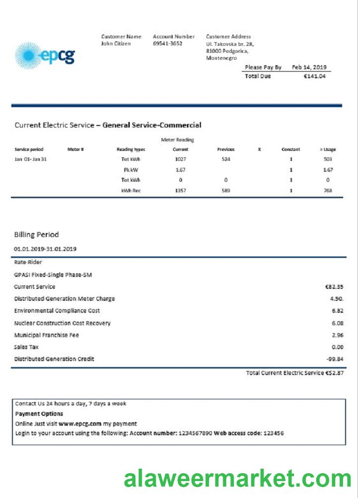 Montenegro Elektroprivreda Crne Gore (EPCG) electricity utility bill template in Word and PDF format